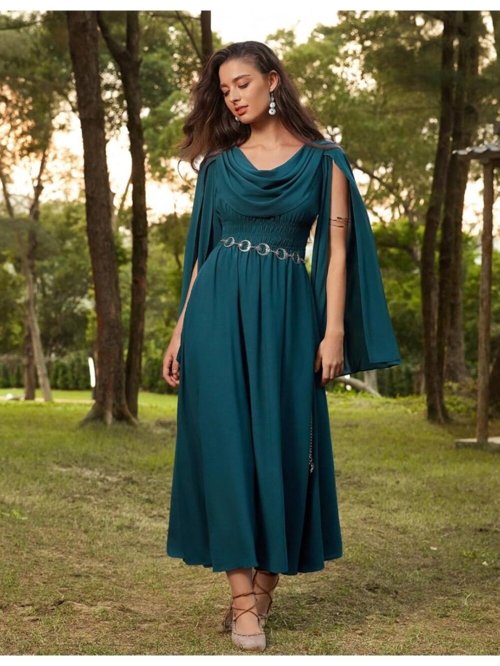 Women's Blue Green Renaissance Bell Sleeve Cowl Neck Imported Costume Dress - Picture 3 of 6